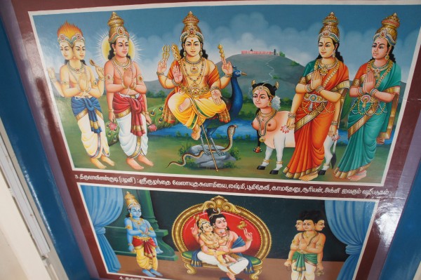 The ceiling inside Sri Mariamman Temple is full of paintings